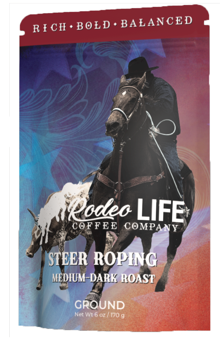 Steer roping scene with cowboy on horse swinging rope above head