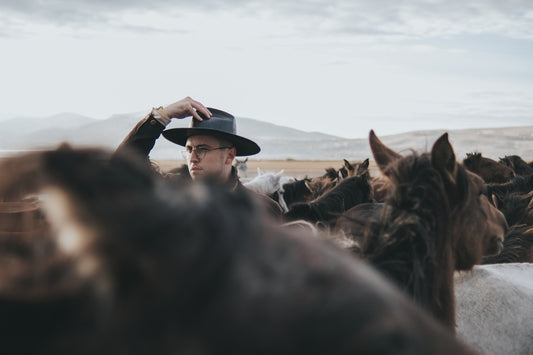 a man in a hat and glasses with a group of horses