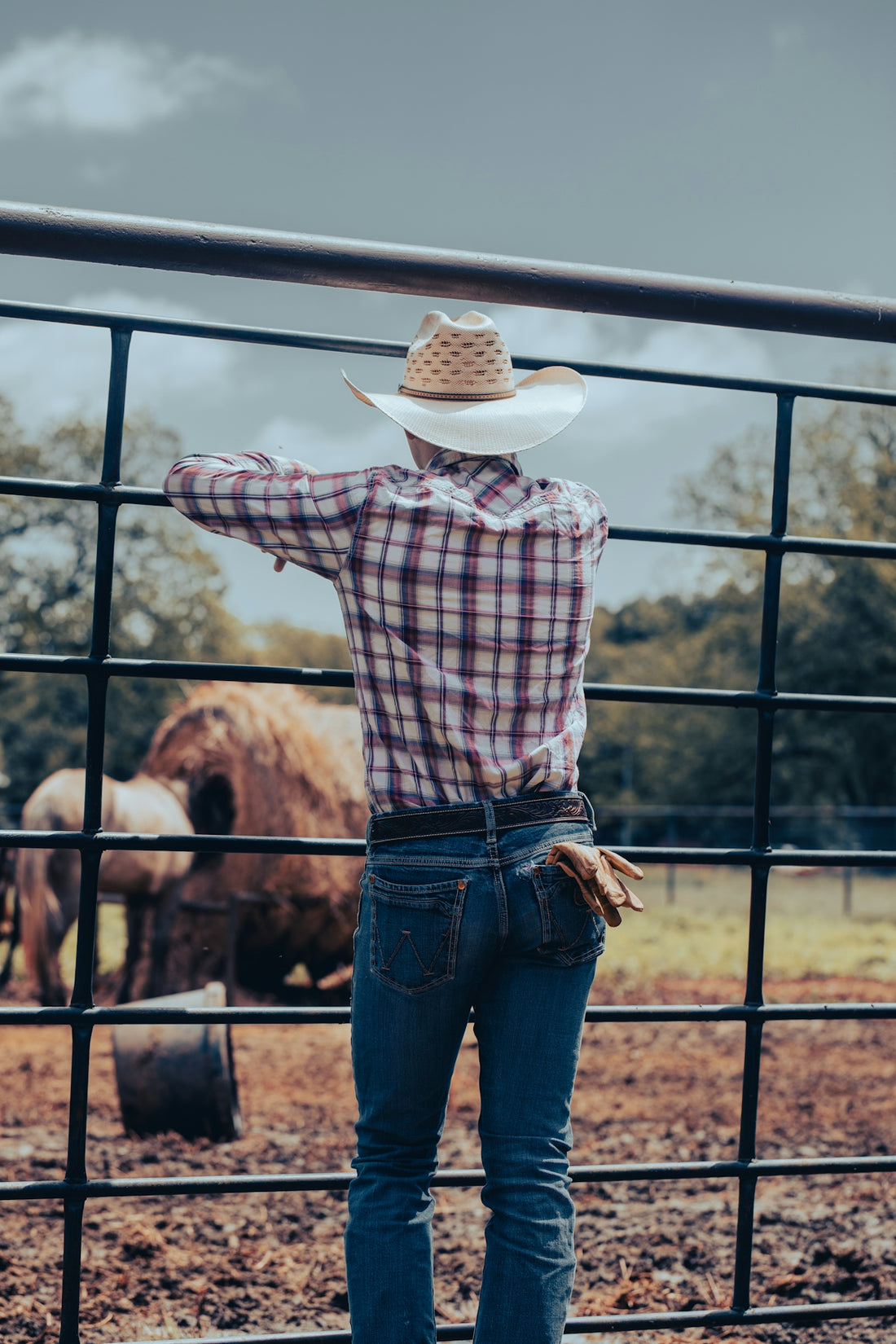 a woman wearing a cowboy hat standing in front of a fence