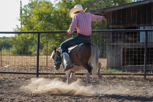 a woman riding on the back of a brown horse