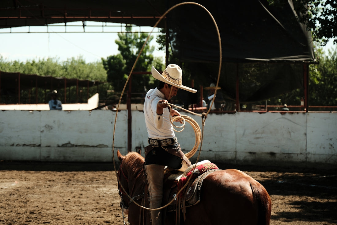 a man riding on the back of a brown horse