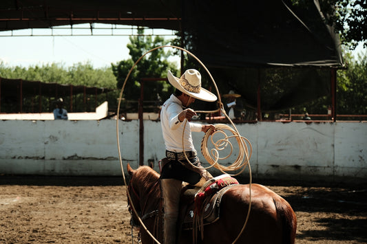 a man riding on the back of a brown horse