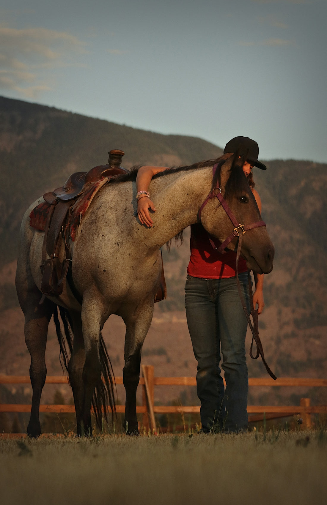 A woman standing next to a horse in a field