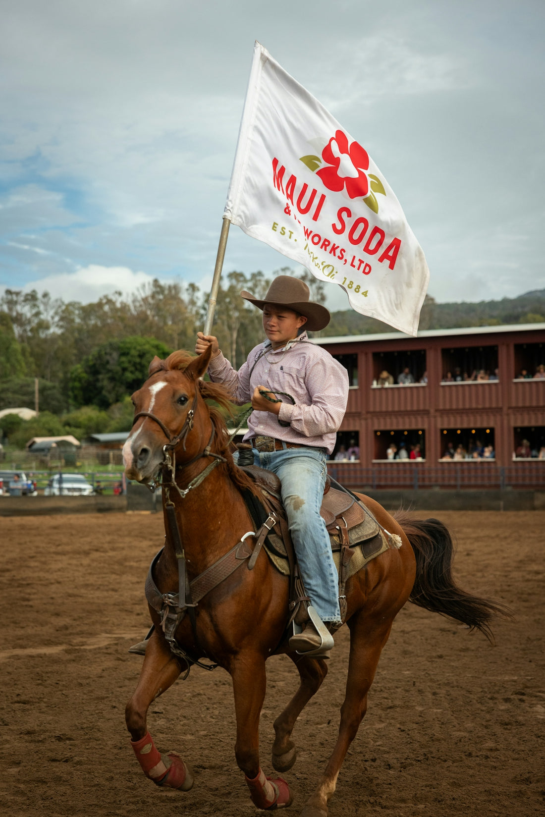 Rancher on horseback waves a flag at a rodeo