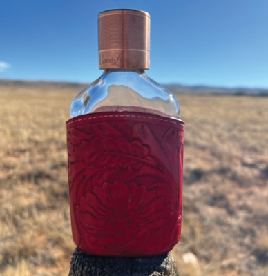 Tooled Leather Covered Glass Flask - Red